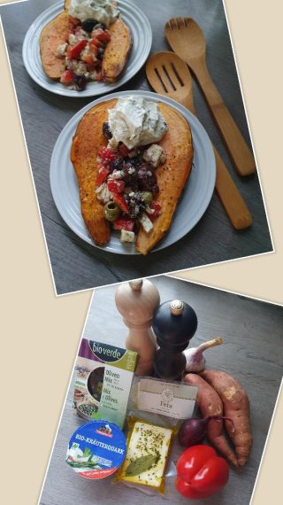 Süßkartoffeln gebacken mit Oliven-Feta-Salat