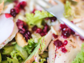 Salat mit Hähnchenstreifen und Heidelbeerdressing